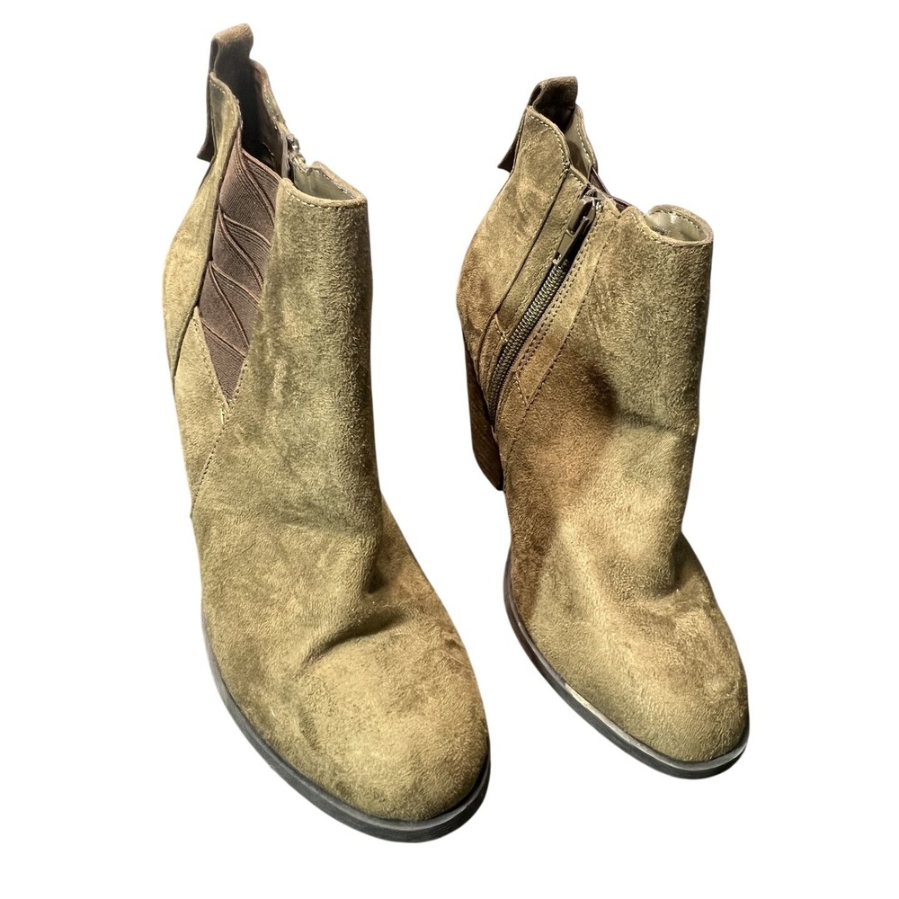 VINCEE Women's US 7 Olive Green Suede Ankle Boots Block‎ Heel Zip Booties